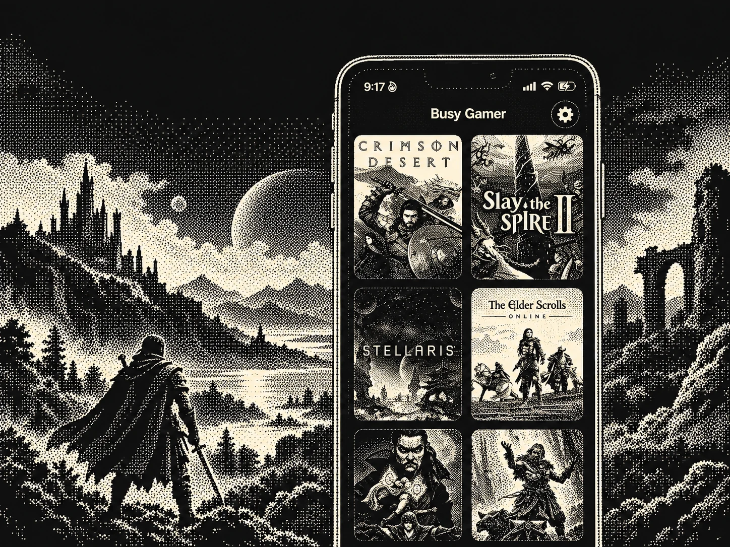Dithered Busy Gamer phone screen showing its library of games.