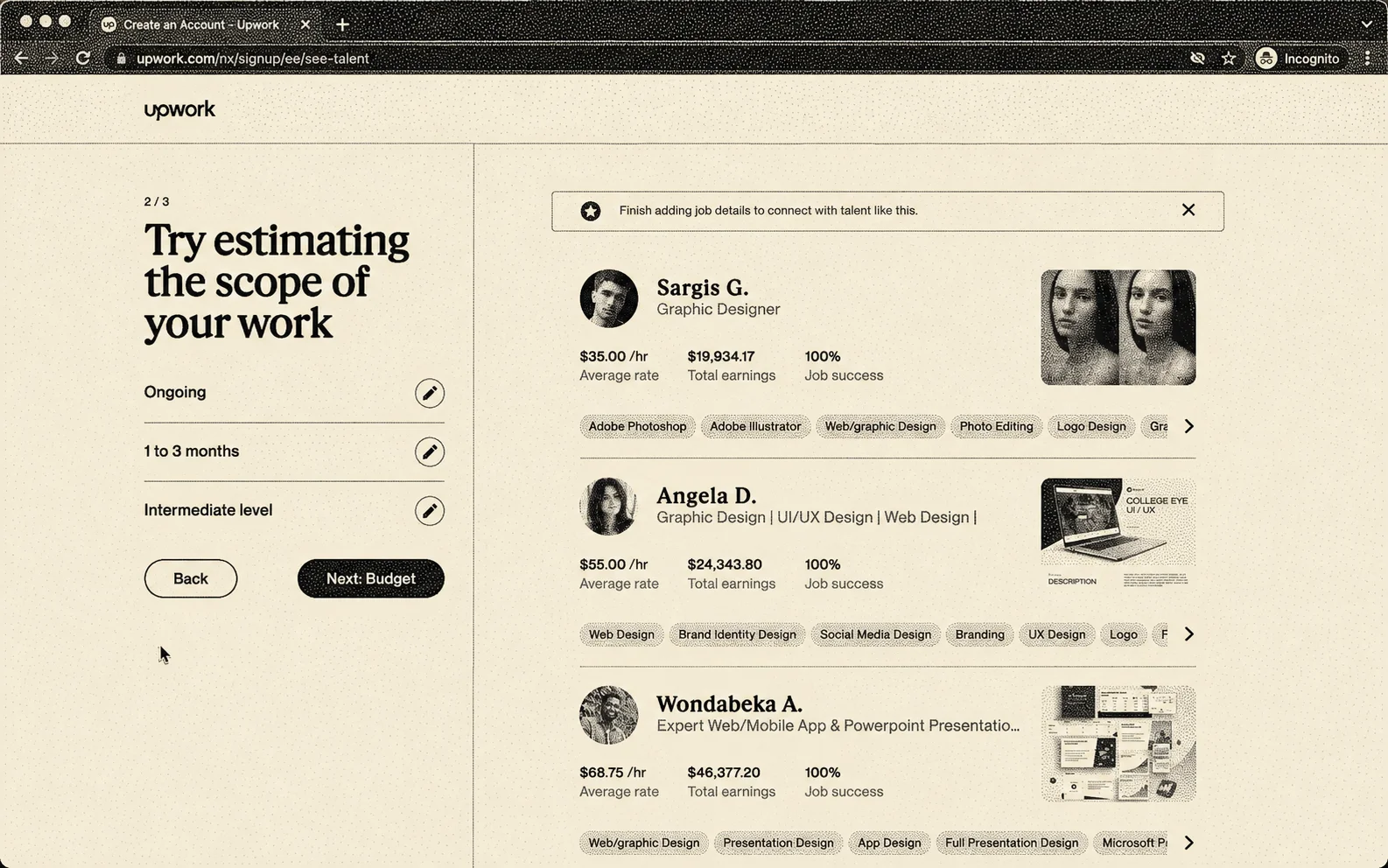 Dithered Upwork onboarding screen for estimating project scope and finding talent.